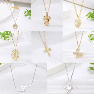 Stainless Steel Chain Alloy Zirconia Pendant Necklace Vintage Religious Cross Butterfly Virgin Mary Heart Women Jewelry