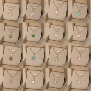 Alloy Ocean Scallop Starfish Pendant Necklace With Artificial Pearl Rhinestone Enamel Drip Gold Chain Jewelry For Women