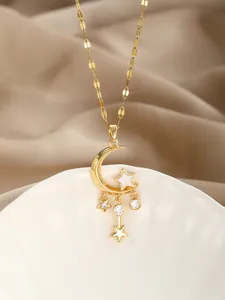 Detailed macro view of S925 silver crescent moon pendant with stars and pink zircons