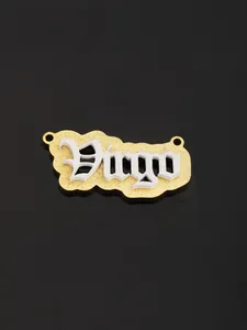 Detail of custom double-layered nameplate necklace featuring Diego in gothic font style