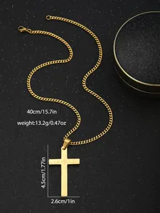 Detail of gold cross pendant with prayer engraving, 40cm chain and 4.5cm size info