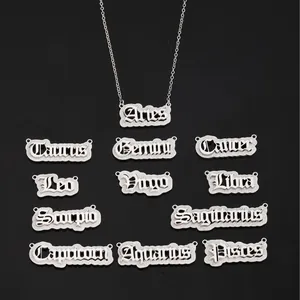 Stainless steel zodiac sign pendant necklaces set with silver gothic letter charms