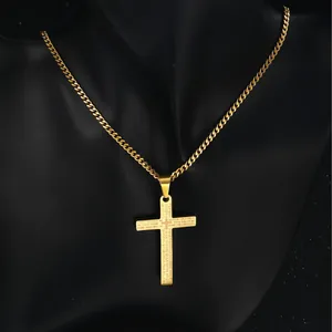 Retro Stainless Steel Cross Pendant Necklace For Men Women Engraved Lord's Prayer Scripture Curb Chain Religious Hip Hop Jewelry