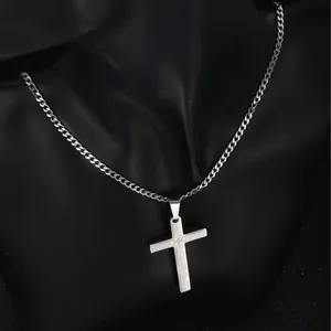 Retro stainless steel cross pendant necklace with engraved Lord's Prayer on a Cuban chain