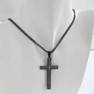 Matte black stainless steel cross pendant with silver inner cross and Lord's Prayer engraving