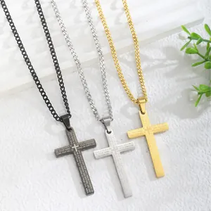 Religious stainless steel cross pendant necklace with Lord's Prayer engraving in three colors