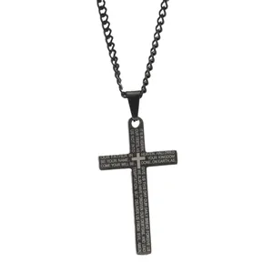 Retro stainless steel black cross necklace with engraved Lord's Prayer for men and women