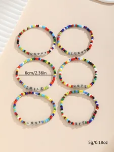 Set de 6 pulseras de cuentas de colores con letras blancas HAPPY LUCKY SMILE y LOVE