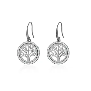 Detail of silver Tree of Life drop earrings with sparkling pavé crystal circle design