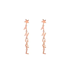 Rose gold star stud earrings with vertical dangling ANGEL letter pendants for women