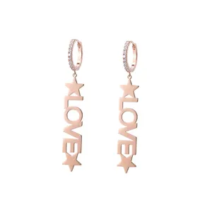 Elegant rose gold earrings with LOVE inscription, stars and white zircon pave setting