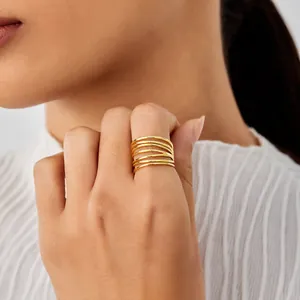 Close-up of a layered gold ring featuring a minimalist multi-row hollow line design