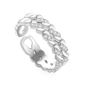 Silver multi-layer hollowed-out open ring with sparkling cubic zirconia pavé stones