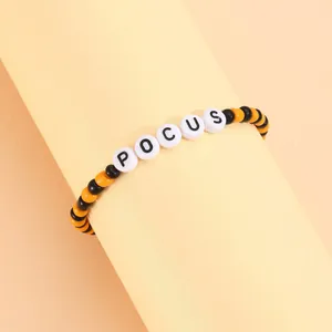 Pulsera de Cuentas de Halloween para Mujer Hombre Spooky Boo Hocus Pocus Letra Pulsera Elástica Colorida Resina Vidrio Joyería