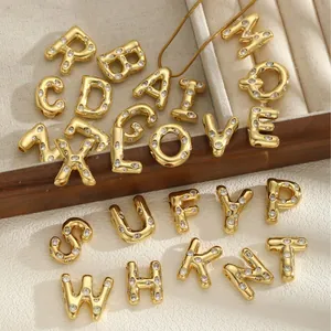 Stainless Steel Alphabet Letter Pendant Necklace Gold Plated Zirconia Inlaid Initial Snake Chain Necklace For Women Men Jewelry