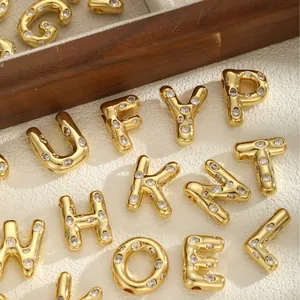 Polished 18K gold plated stainless steel letter pendants with cubic zirconia inlay charms