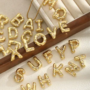Golden A-Z stainless steel letter pendants with cubic zirconia for DIY necklaces