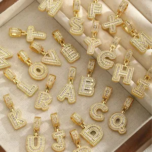 Collier Pendentif Lettre Initiale en Cuivre Plaqué Or 18K Zircone Baguette Bijoux Hip Hop Iced Out Personnalisés pour Hommes Femmes