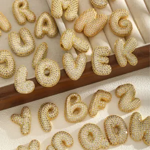3D gold-plated stainless steel bubble alphabet pendants with sparkling zircon pavé