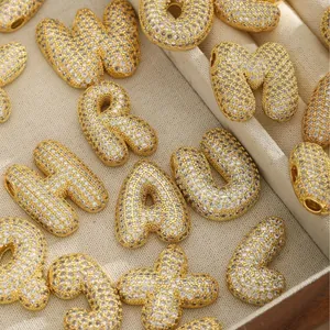 Fashionable gold plated 3D puffy initial necklace pendants with shimmering zircon stones