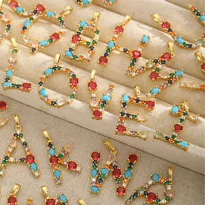 Colorful zircon letter pendant necklace gold-plated alphabet charms set in display case