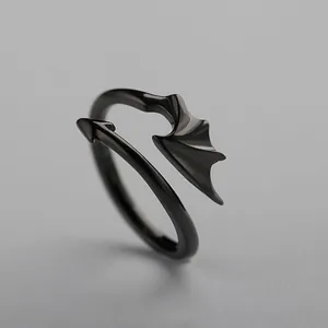 Matte black demon wing open ring with devil tail design for men and women