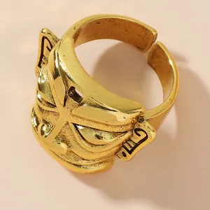 Vintage Sanxingdui μάσκα ανοιχτό δαχτυλίδι σε χρυσό φινίρισμα για άνδρες και γυναίκες