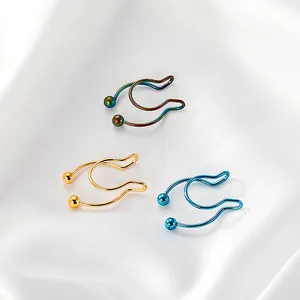 Retro U-shaped non-piercing stainless steel nose rings in gold, blue, and rainbow colors