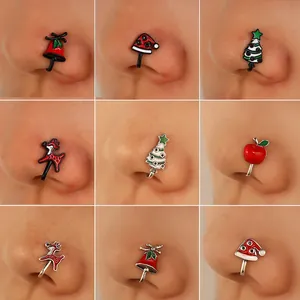 Christmas themed U-shaped faux nose rings set featuring alloy enamel holiday designs