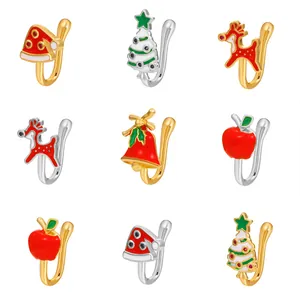 Christmas themed non-piercing U-shaped nose clips with festive enamel charms in gold and silver