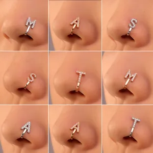 U-shaped copper nose rings with zircon letters in silver and rose gold finishes