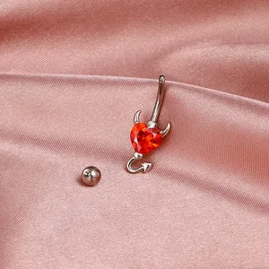 Piercing de ombligo corazón de diablo minimalista con circón naranja y barra de acero