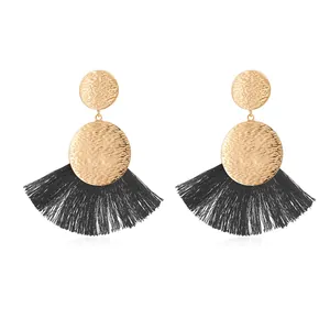 Bohemian gold hammered metal circle earrings with black fan-shaped silk tassels