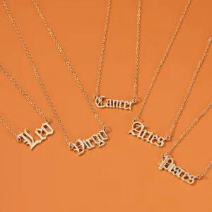 Collier Vintage Signe du Zodiaque Lettre Gothique Pour Femmes Alliage Plaqué Or Douze Constellations Pendentif Alphabet Bijoux