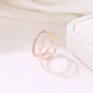 Rose gold double-layer cross ring with zircons and adjustable open band design