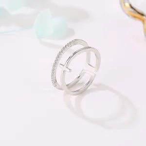 Elegant double-layered silver cross ring with sparkling zircon insets for women