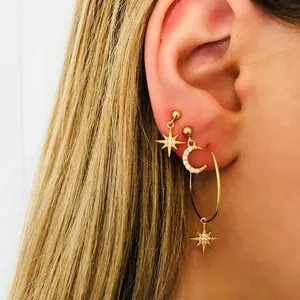 Bohemian gold celestial earring set with star stud, crescent moon and hoop tassel charms