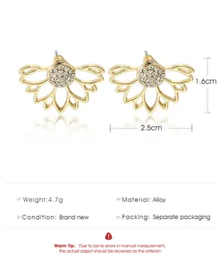Detailed view of hollow lotus stud earrings with dimensions 2.5cm width and 1.6cm height