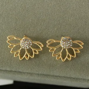 Gold hollow lotus flower ear jacket earrings with sparkling rhinestones for women