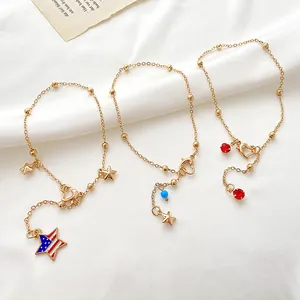 Westlicher Luxus Legierung Stern Herz Fußkettchen Für Damen Gold Vergoldet Charm Fußkette US Flagge Muster Strass Sommer Schmuck