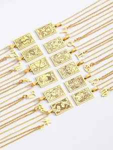Detailed macro view of 12 zodiac constellation gold necklaces with tarot style pendants
