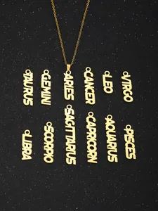 Detail of 18K gold zodiac pendants with hollow-cut lettering on starry black backdrop