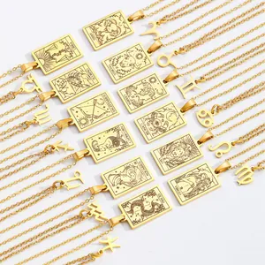 Golden zodiac tarot pendant necklace set with square constellations on white background