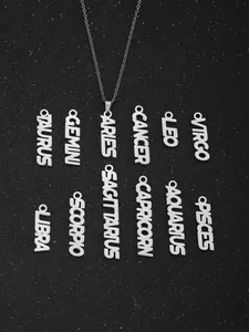 Detailed display of twelve silver zodiac sign pendants with hollowed letter design