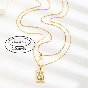 Gold double-layer Aries zodiac necklace with ram tarot pendant and adjustable link chains