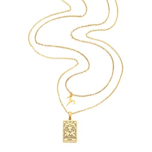 Double layered gold stainless steel necklace with Aries zodiac sign and tarot style pendant