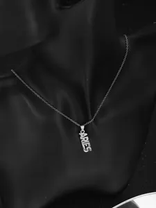 Detailed close-up of Aries vertical letter pendant on silver stainless steel chain necklace