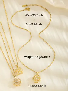 Close-up of golden four-leaf clover pendant with zircon inlay and 40cm chain size details