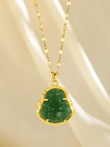 Detailed macro view of green Buddha pendant on a gold-plated sequin link chain