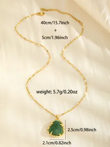 Detail of gold Buddha pendant with green stone, lobster clasp, and extension chain specs
